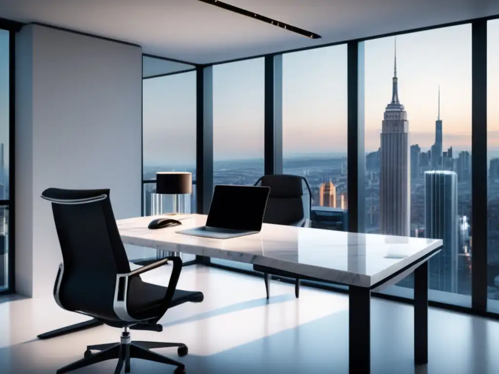 Espacio de trabajo moderno en mármol blanco con laptop plateado y vista panorámica de la ciudad