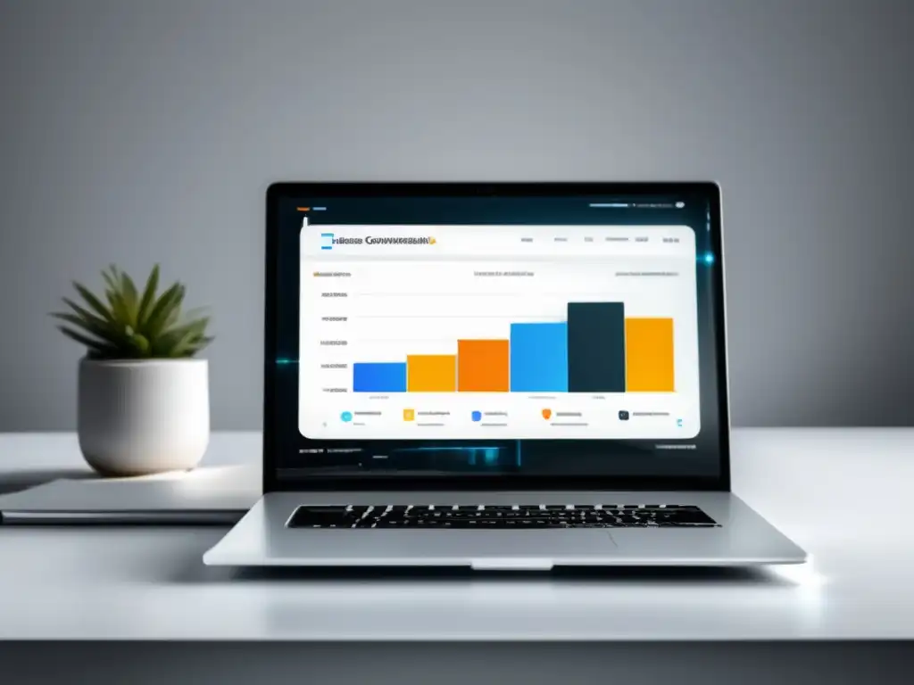 Imagen: Laptop blanco con dashboard de métricas para optimización de conversiones en marketing de afiliados