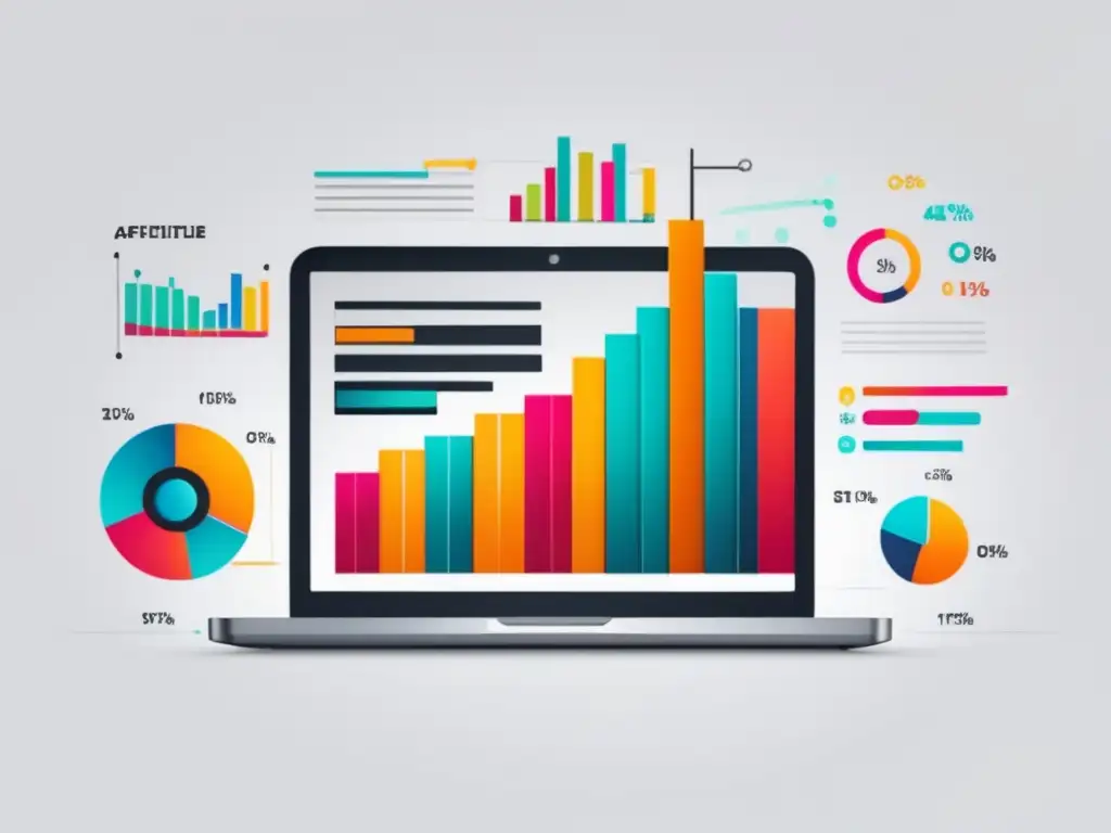 Laptop moderno en escritorio blanco; gráfico vibrante de estrategias de optimización de conversiones en marketing de afiliados