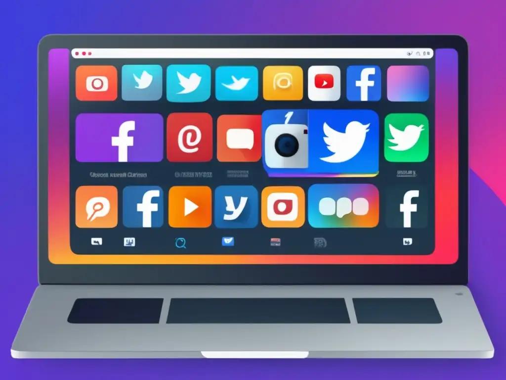 Pantalla minimalista de laptop con iconos de redes sociales y plataformas de streaming, optimizada para tendencias del marketing de afiliados