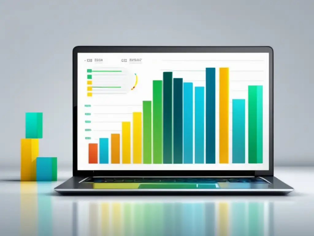 Laptop moderno y minimalista con gráficos y datos de marketing de afiliados para mejorar conversiones