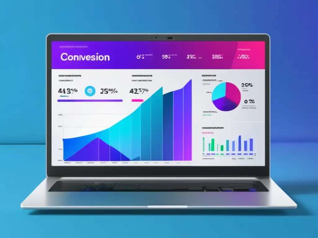 Laptop moderno con pantalla vibrante muestra dashboard de optimización de conversiones en marketing de afiliados