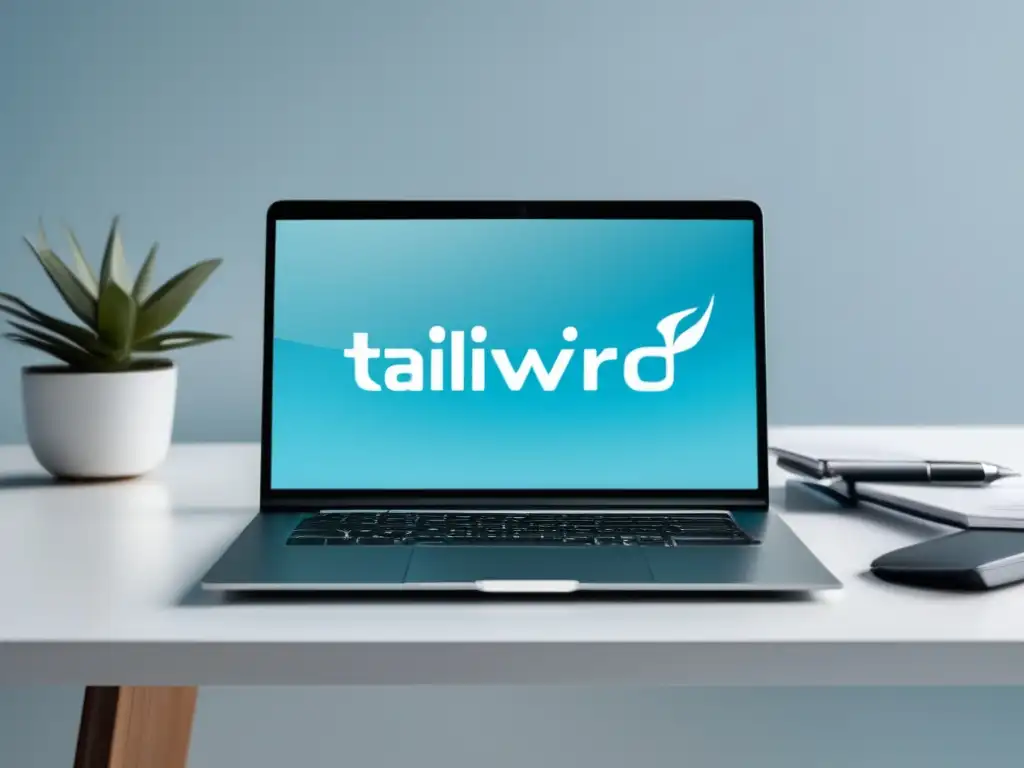 Imagen de laptop de diseño minimalista con logo de Tailwind en pantalla, en un entorno profesional