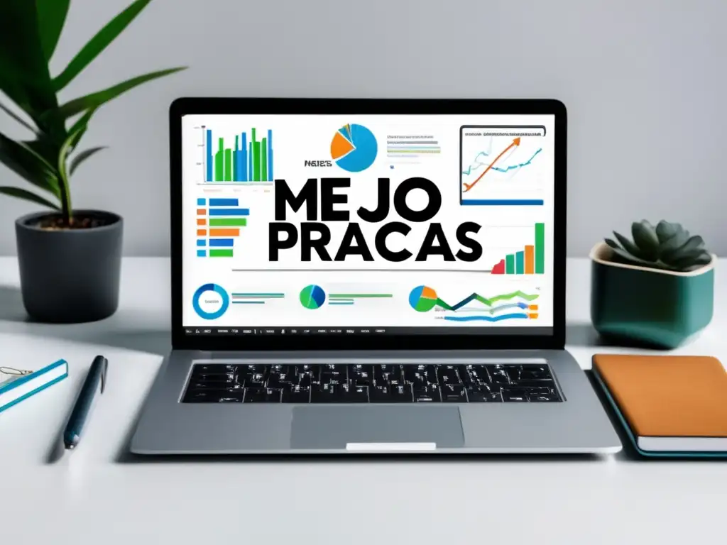 Laptop y objetos SEO: Gráfica tráfico web, 'Mejores prácticas de SEO', palabras clave y reloj minimalista