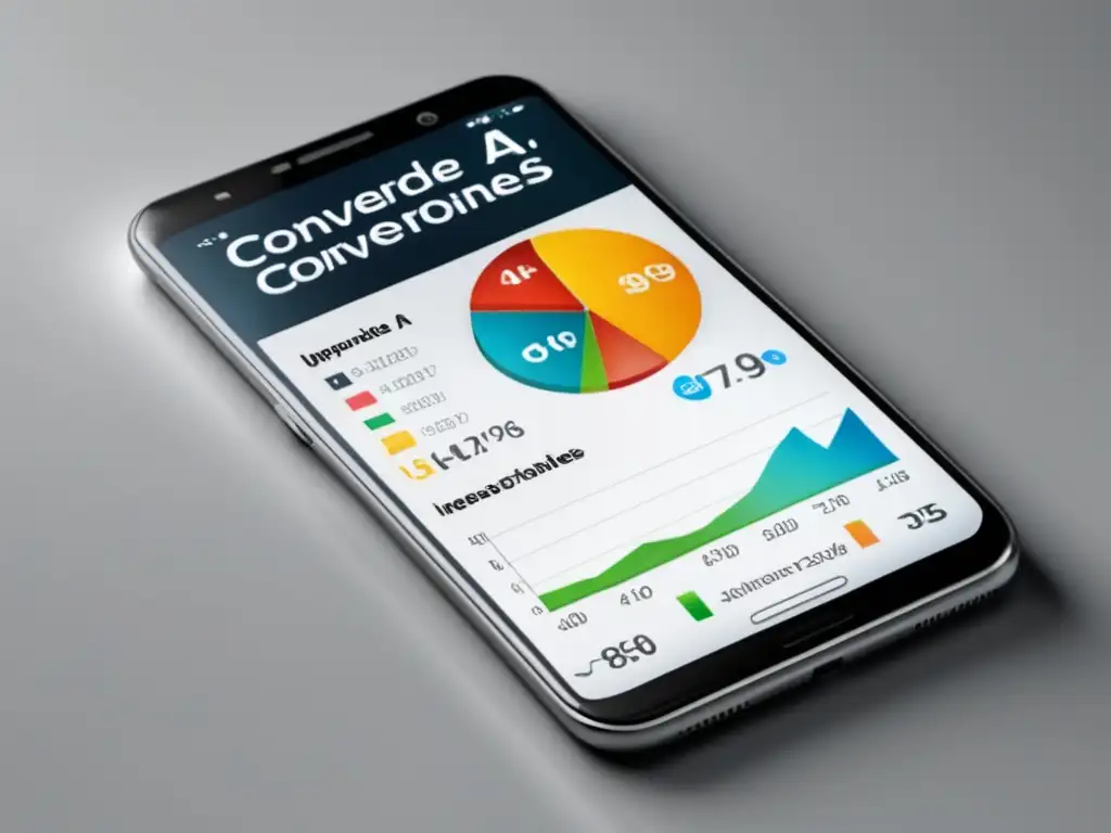 Imagen de smartphone blanco mostrando dashboard con métricas y gráficos de optimización de conversiones en marketing de afiliados