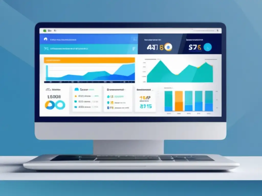 Laptop moderno con dashboard de marketing afiliado, métricas de rendimiento y estrategias eficientes