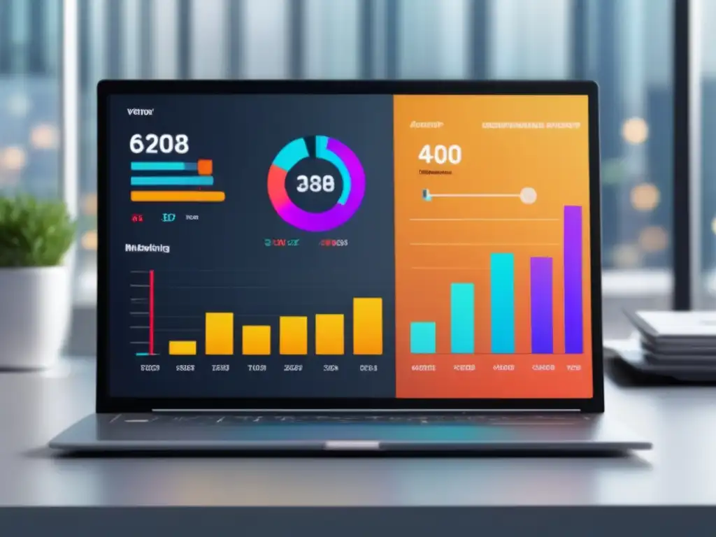 Herramientas de análisis de datos para marketing de afiliados en una moderna pantalla de laptop 8k con dashboard informativo