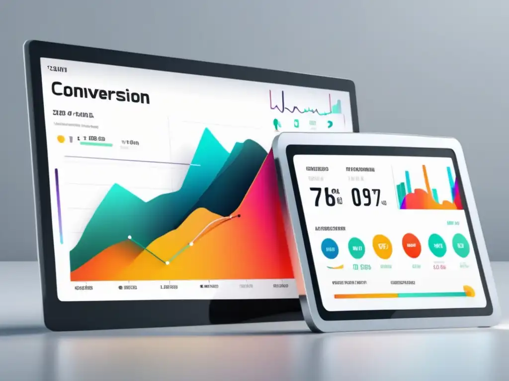 Dashboard digital blanco con gráficos y métricas vibrantes