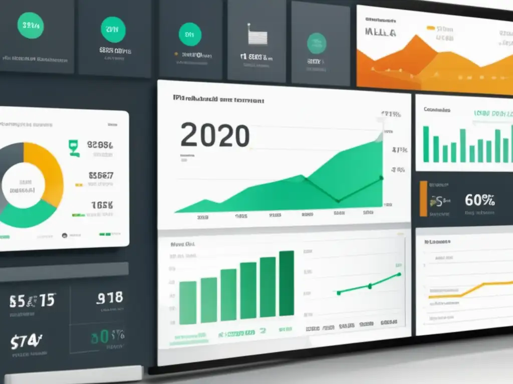 Dashboard digital moderno con gráficos de líneas, barras y pastel que resaltan métricas clave