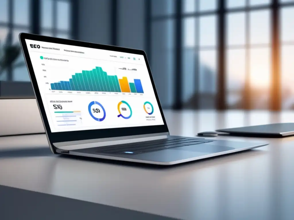 Laptop minimalista muestra dashboard SEO para marketers afiliados - conceptos clave del SEO para marketers de afiliados