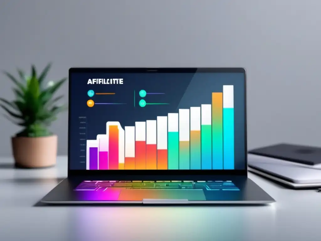 Laptop moderno muestra gráfica de crecimiento en estrategias de marketing de afiliados