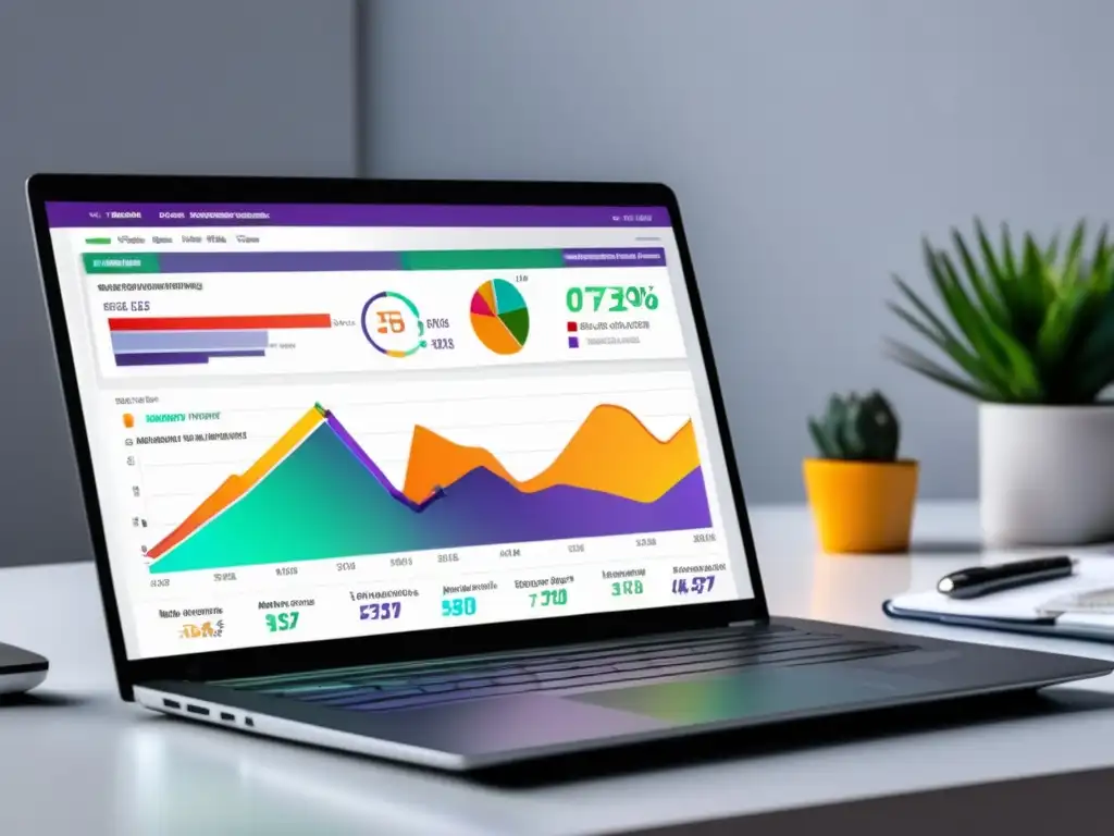 Laptop moderno con dashboard de marketing de afiliados y estadísticas de éxito