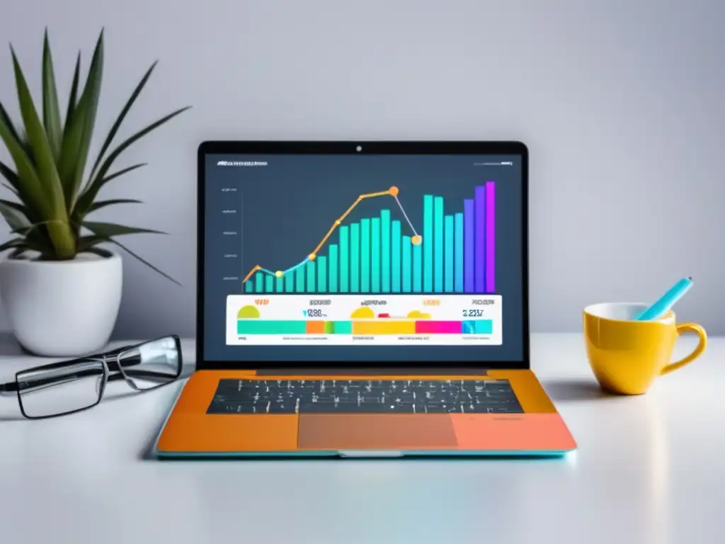 Laptop minimalista con gráficos vibrantes y herramientas de marketing de afiliados