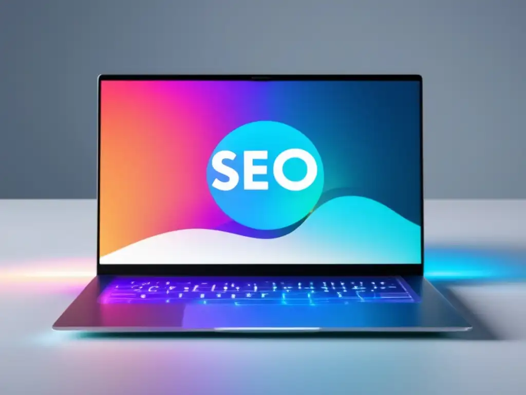 Laptop moderno en un escritorio blanco con gráfico dinámico de SEO y marketing de afiliados