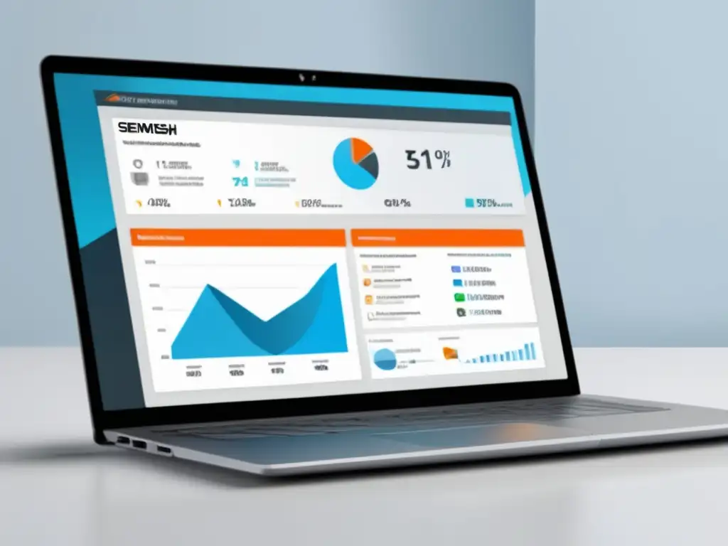 Laptop minimalista con logo SEMRush, dashboard afiliados