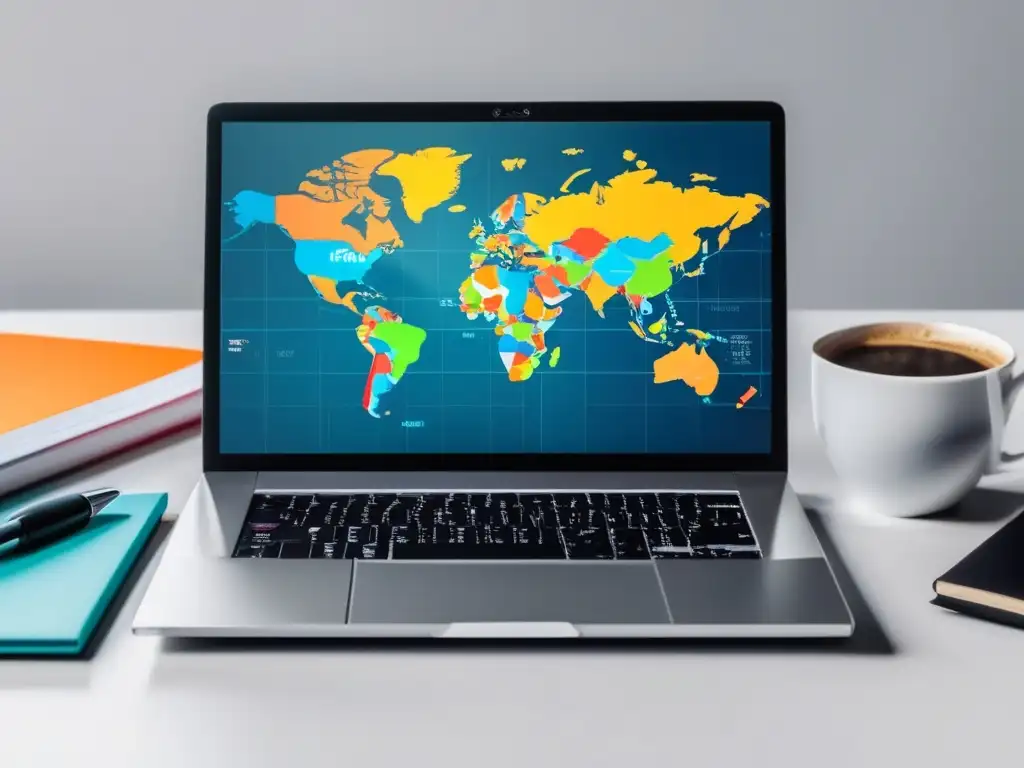 Laptop con mapa mundial: Éxito en marketing de afiliados