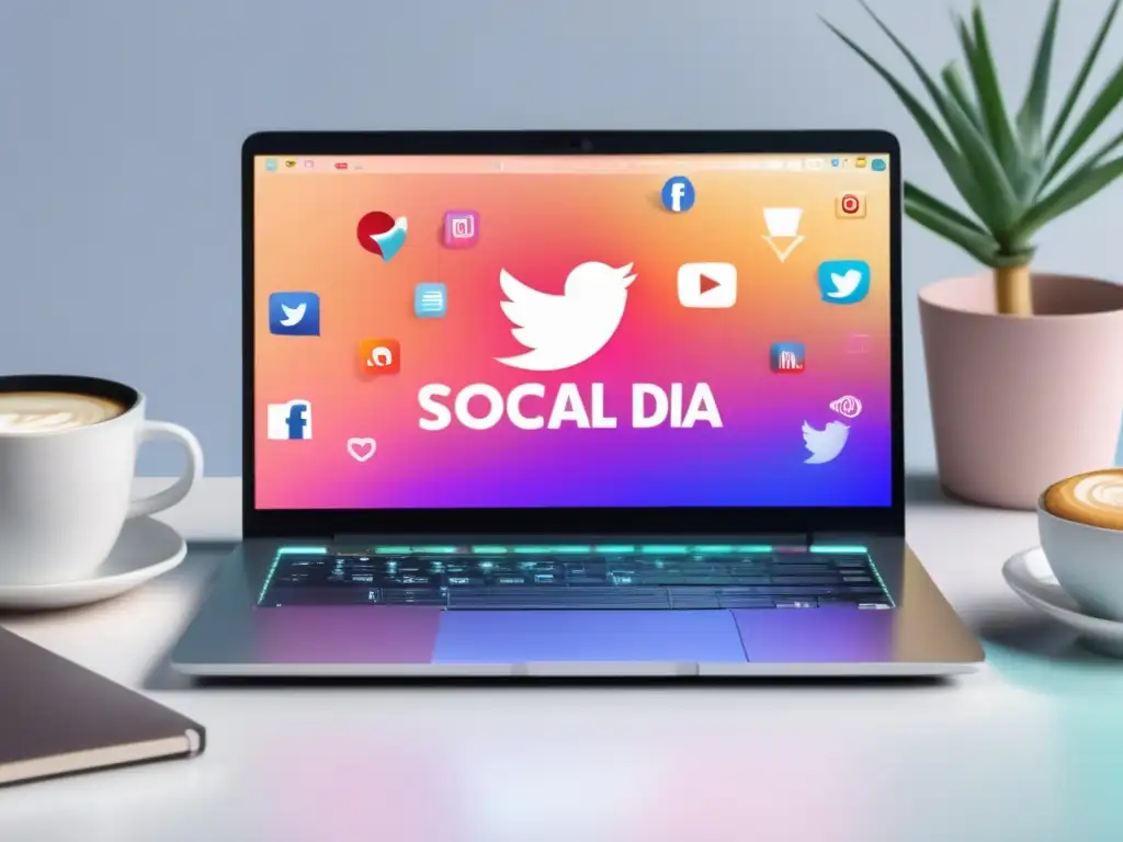 Laptop minimalista con redes sociales y estrategias básicas para el marketing de afiliados