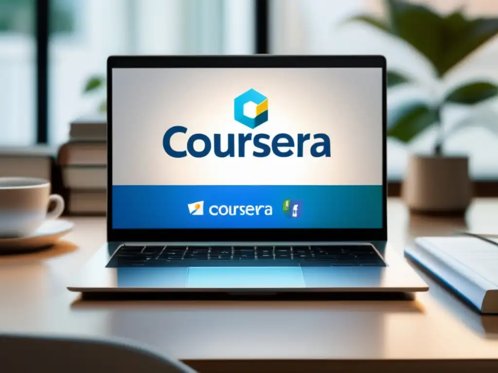 Laptop moderno con logo Coursera, rodeado de libros de cursos