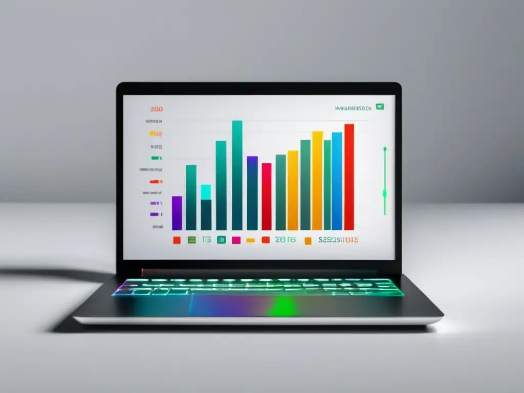 Laptop moderno con pantalla vibrante y diseño elegante, mostrando gráfica de ganancias en marketing de afiliados