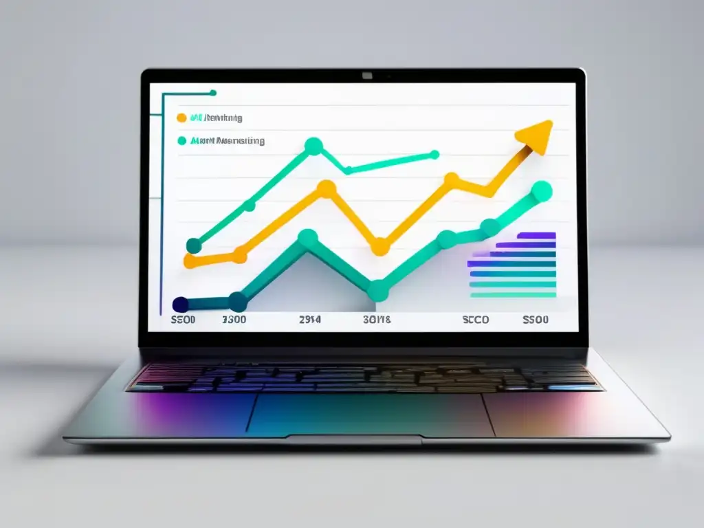 Laptop moderno con diseño minimalista y gráfico SEO para marketing de afiliados