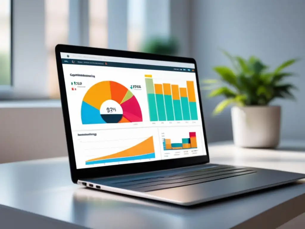 Laptop con dashboard de marketing digital, datos visuales y software de marketing de afiliados efectivo