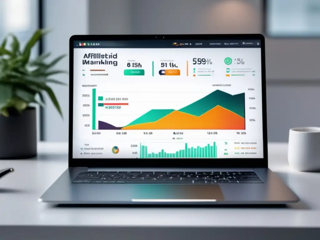 Laptop moderno en escritorio blanco con dashboard de marketing de afiliados y estrategias de contenido (110 caracteres)