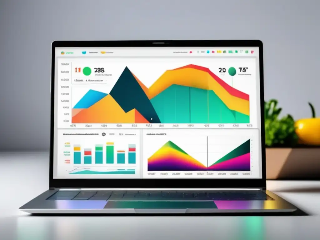 Laptop moderno con diseño minimalista y gráficos vibrantes de estrategias efectivas de marketing de afiliados en el comercio electrónico