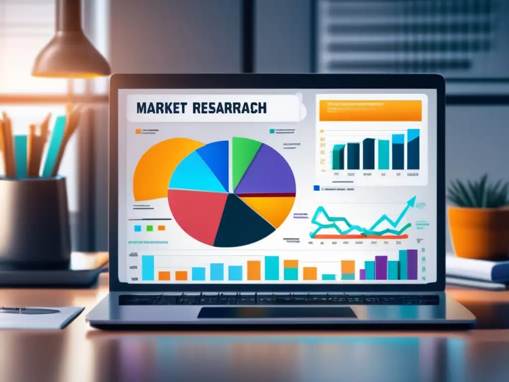 Laptop moderno en escritorio minimalista con gráficos de mercado y competencia, iconos de diferentes industrias