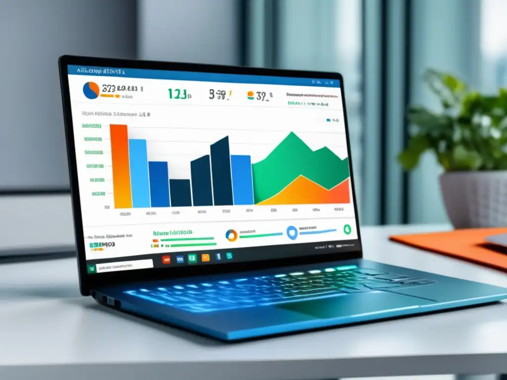 Estrategias SEO para aumentar ingresos en marketing de afiliados en laptop moderno con vibrante dashboard
