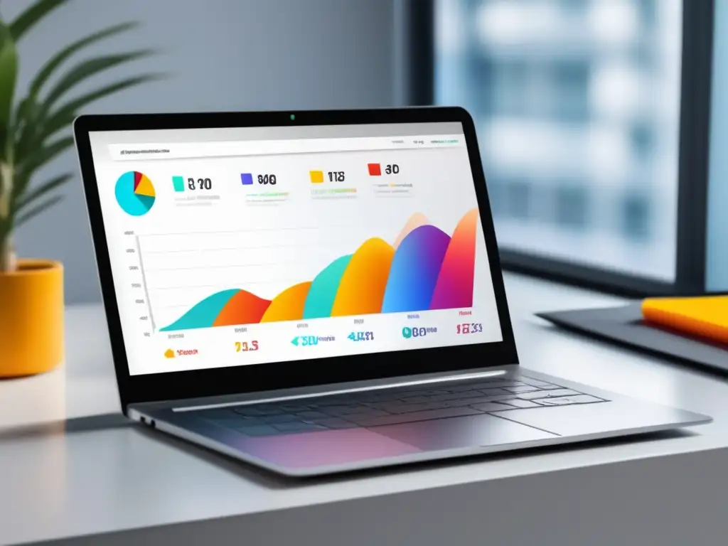 Laptop moderno con pantalla vibrante muestra dashboard de análisis SEO - SEO para marketing de afiliados