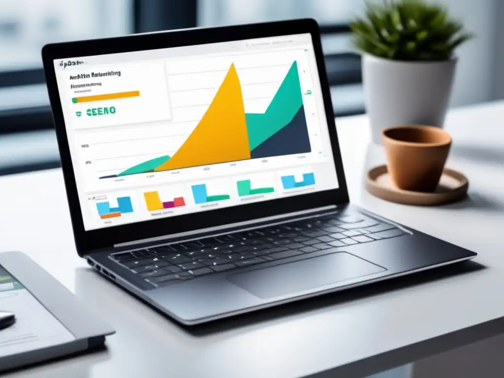 Herramientas de SEO para marketing de afiliados: laptop moderno con dashboard de analytics y gráficos ilustrativos