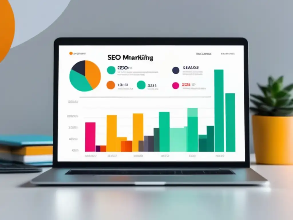 Laptop minimalista con gráfico SEO para marketing de afiliados