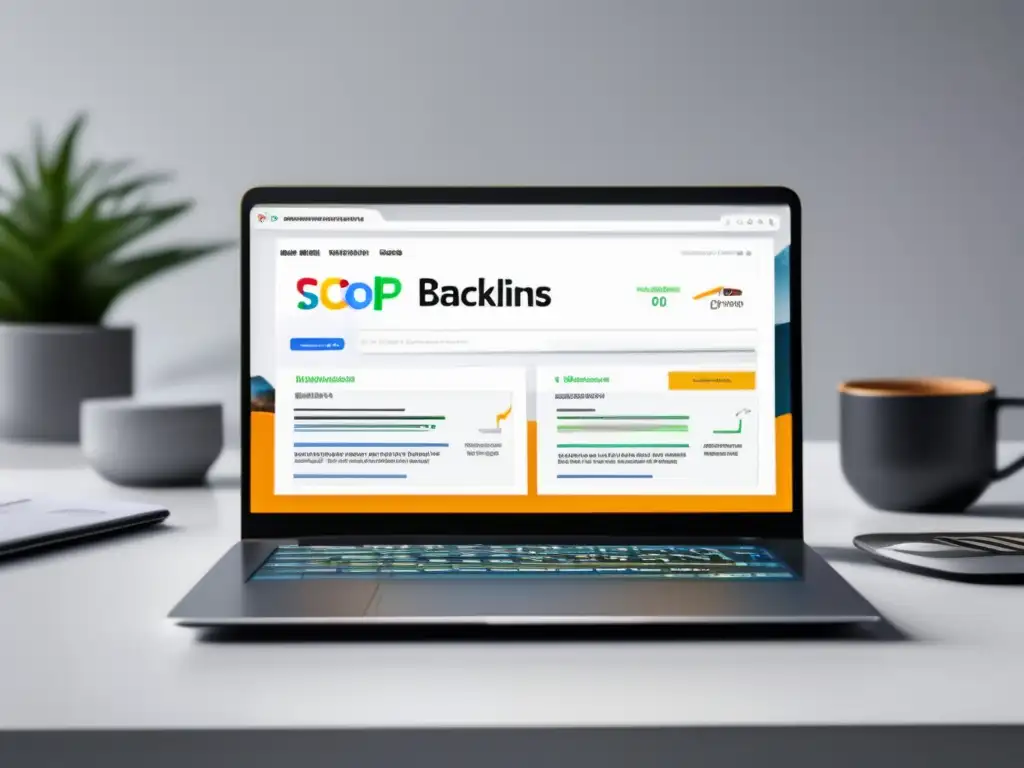 Laptop moderno con SERP SEO, backlinks y estética minimalista