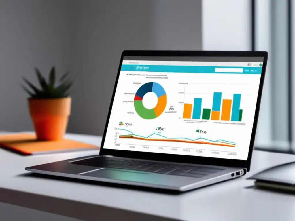 Laptop moderno en escritorio blanco con gráfico SEO: herramientas de SEO para marketers de afiliados