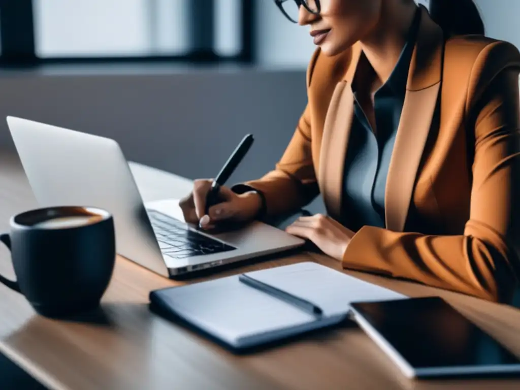 Persona enfocada en laptop, escritorio moderno y organizado, representa éxito en marketing de afiliados