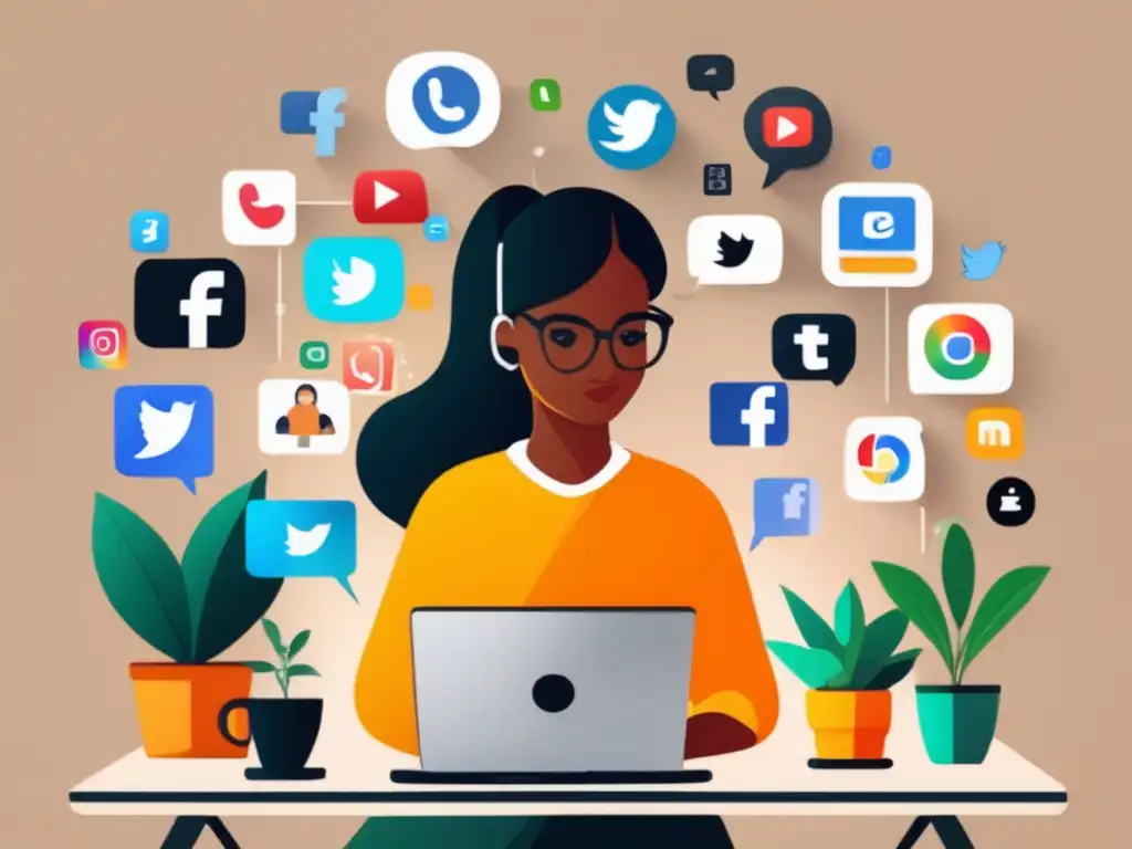 Persona trabajando en un escritorio moderno rodeado de iconos de redes sociales en una pantalla grande