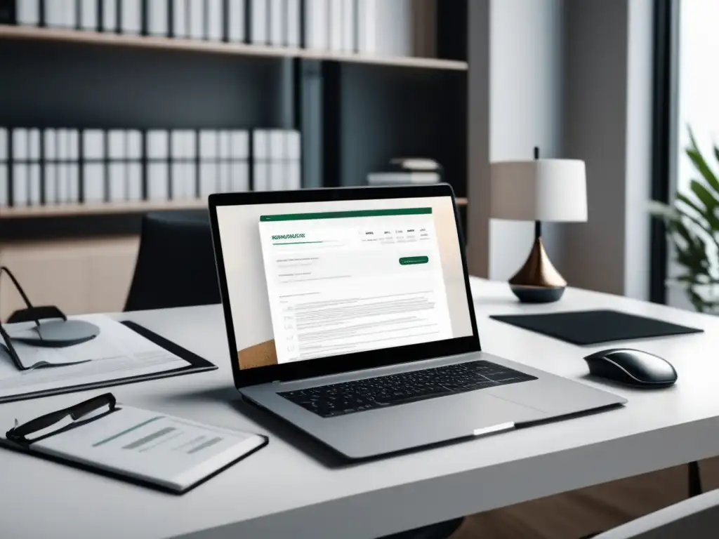 Espacio de trabajo minimalista y moderno con laptop, documentos legales y certificado