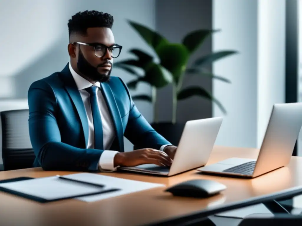 Persona trabajando en escritorio minimalista, reflejando seriedad y profesionalismo en pasos legales de marketing afiliado