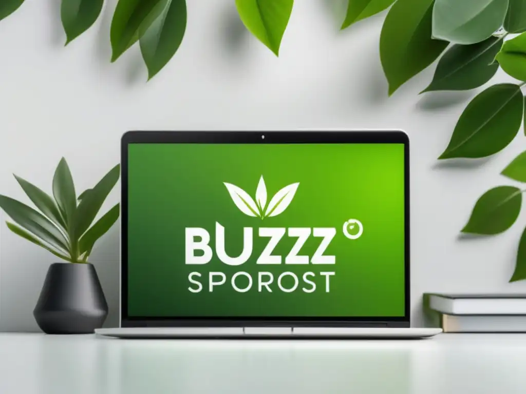 Beneficios programa afiliados Buzzsprout: imagen profesional y moderna con logo en pantalla de laptop plateada rodeada de hojas verdes