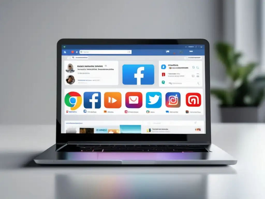 Imagen de laptop con interfaz de redes sociales, promoviendo éxito en marketing de afiliados