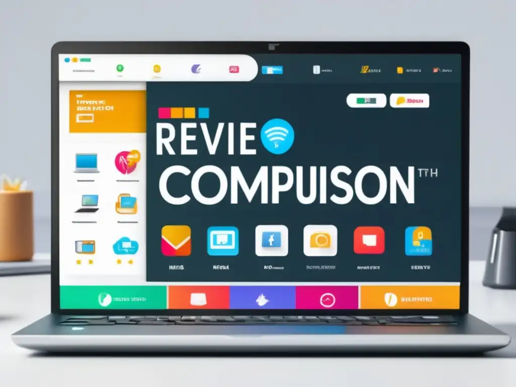 Laptop con iconos de reseñas y comparaciones de productos en diferentes categorías