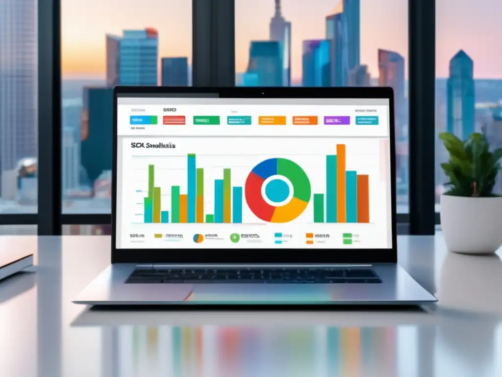 Herramientas SEO para marketing de afiliados en laptop moderno con pantalla vibrante, datos y vista panorámica