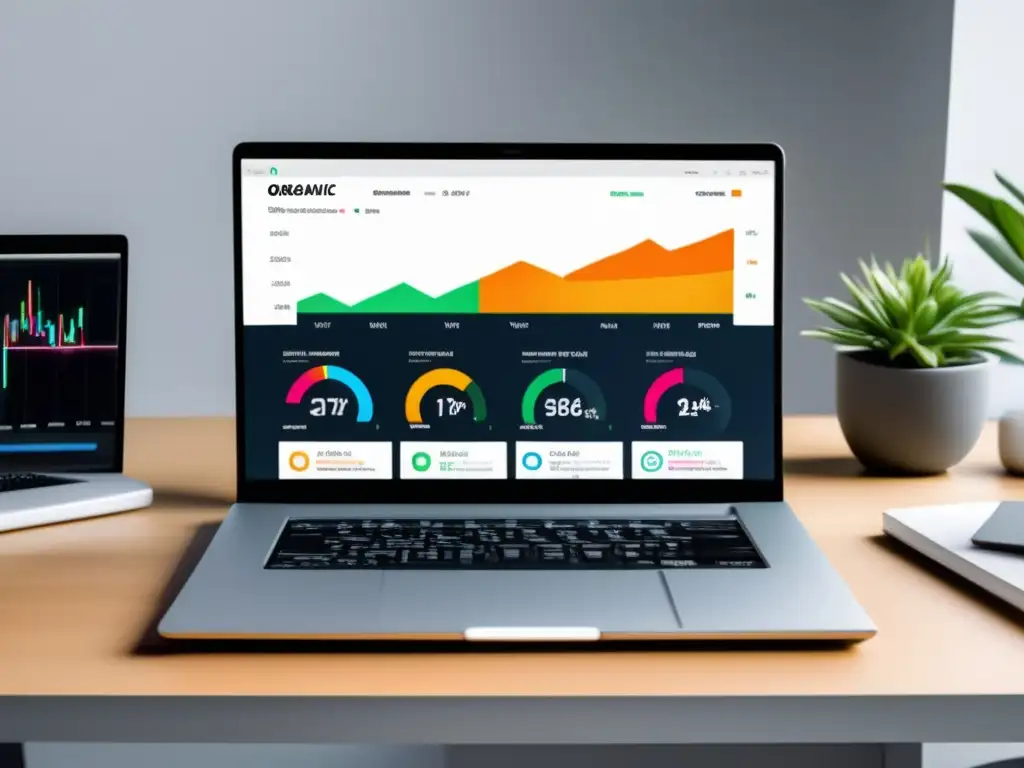 Laptop moderno en escritorio blanco con dashboard SEO: tráfico orgánico, rankings, conversiones y ganancias