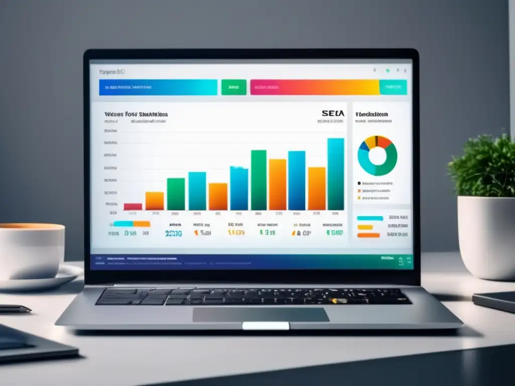 Laptop moderno con pantalla vibrante, dashboard SEO detallado y gráficos coloridos: éxito en marketing de afiliados