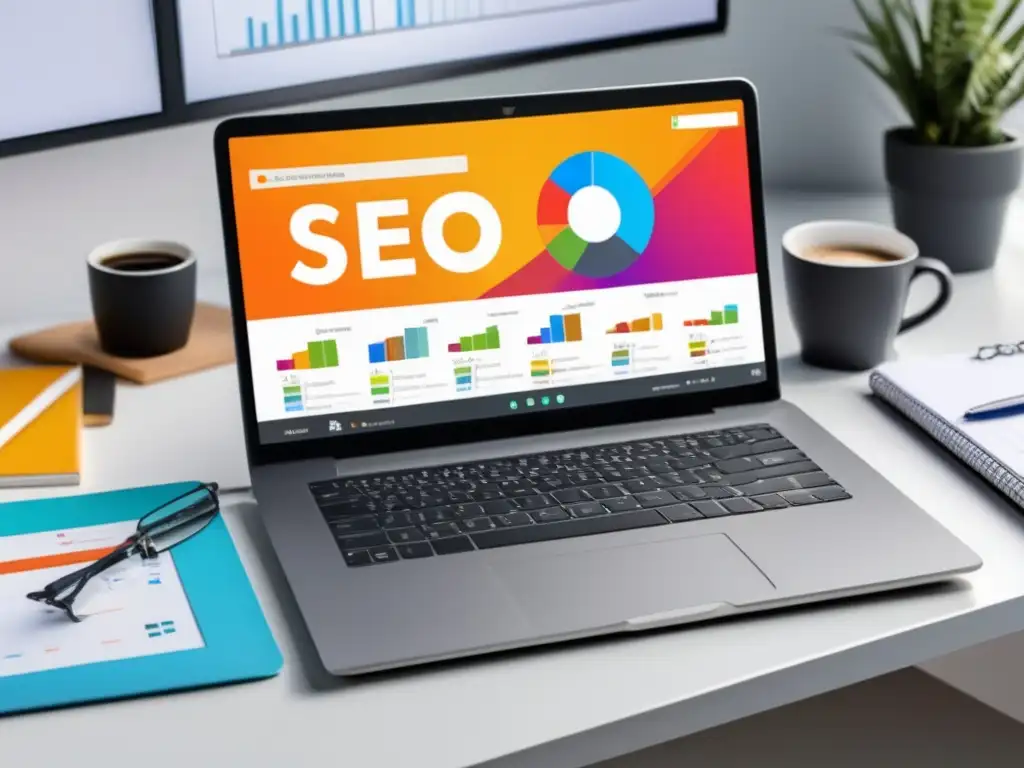 Laptop moderno con herramientas de SEO para marketing de afiliados