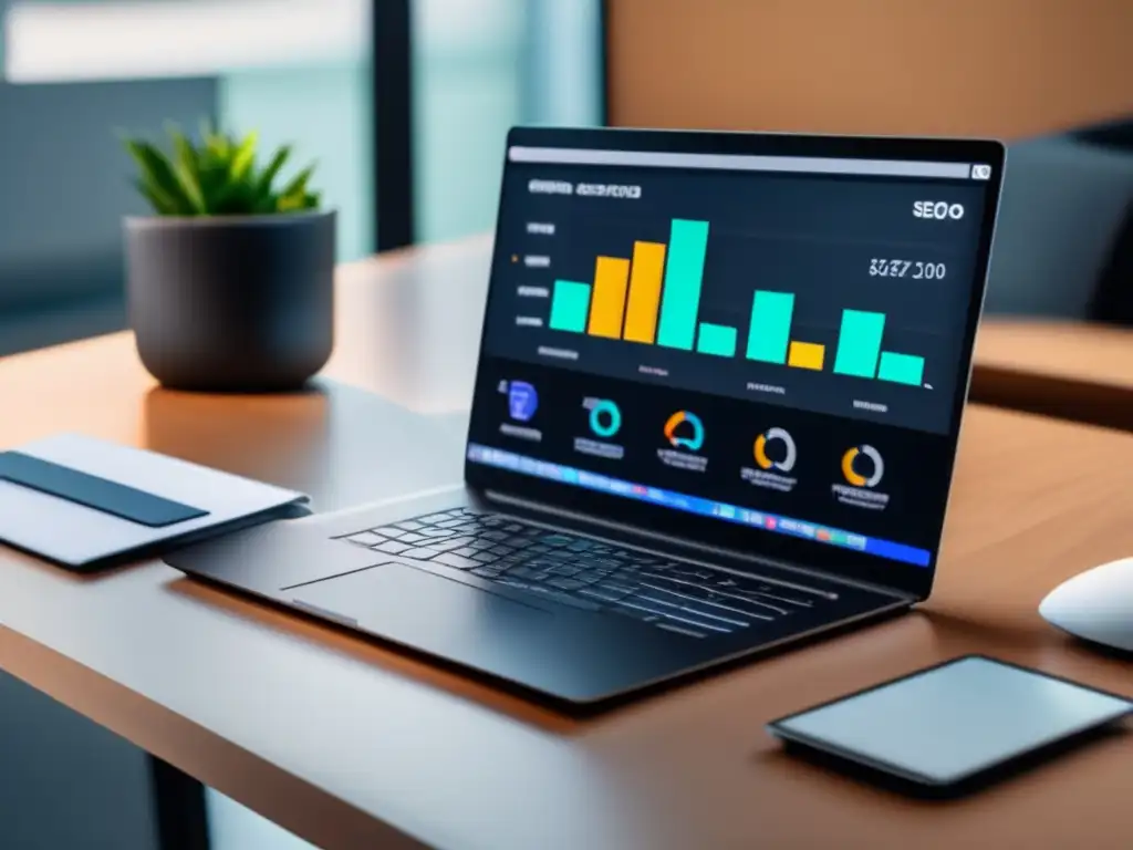 Herramientas de SEO para afiliados en un elegante portátil con dashboard lleno de métricas y gráficos