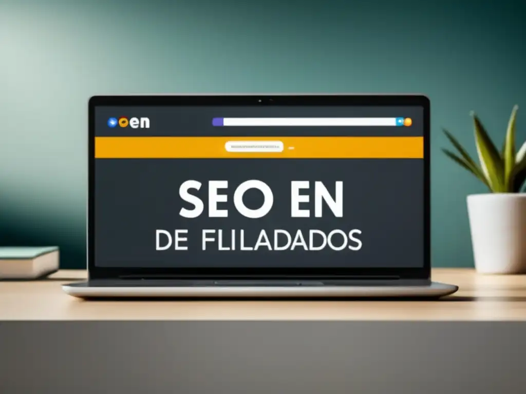 SERP SEO en marketing de afiliados: pantalla laptop minimalista, SERP con snippets visuales y resultados orgánicos