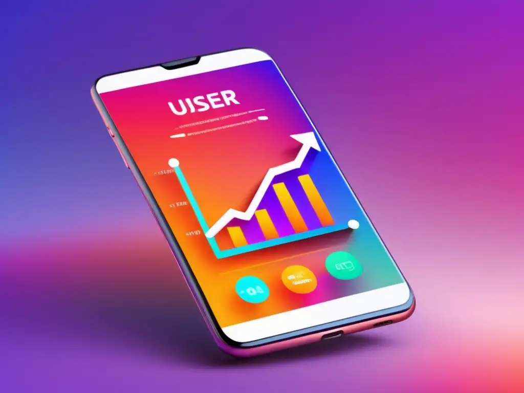 Smartphone moderno con pantalla vibrante y gráfico de tendencia ascendente, simbolizando casos de éxito en el marketing de afiliados