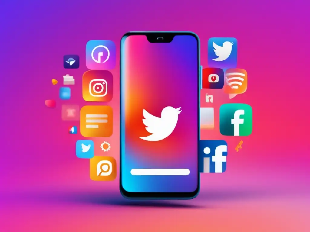 Un smartphone moderno y minimalista con pantalla que muestra iconos de redes sociales