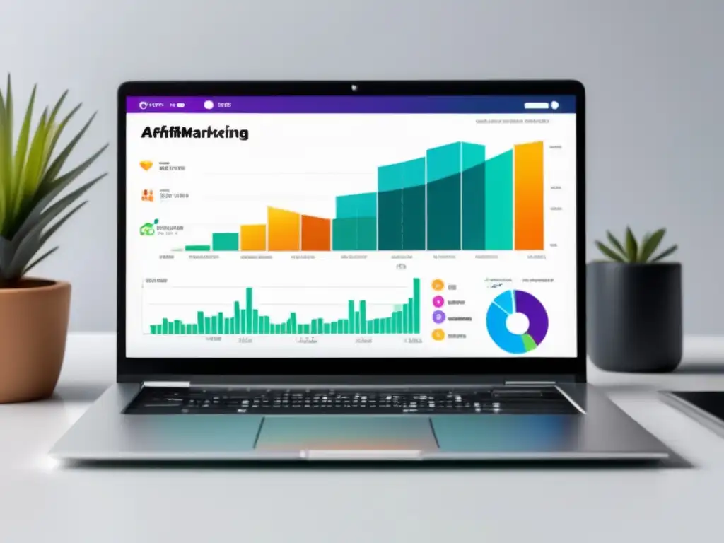 Un laptop moderno con pantalla vibrante muestra software de afiliados